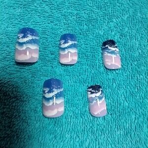 Blue purple white black clouds sky press on nails set